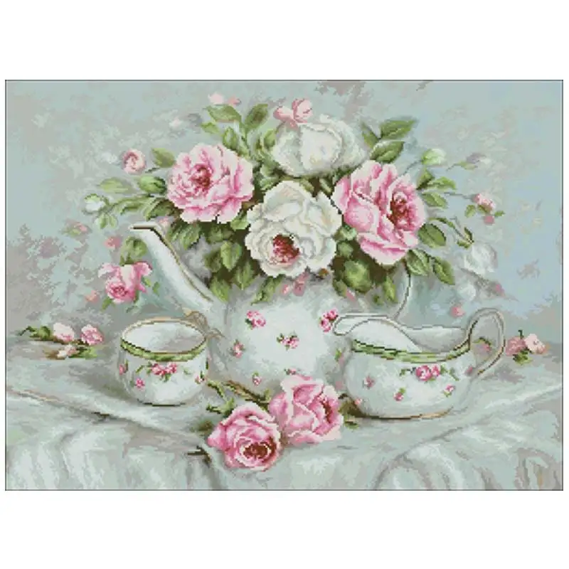 

Rose afternoon tea patterns Counted Cross Stitch 11CT 14CT 18CT DIY Chinese Cross Stitch Kits Embroidery Needlework Sets