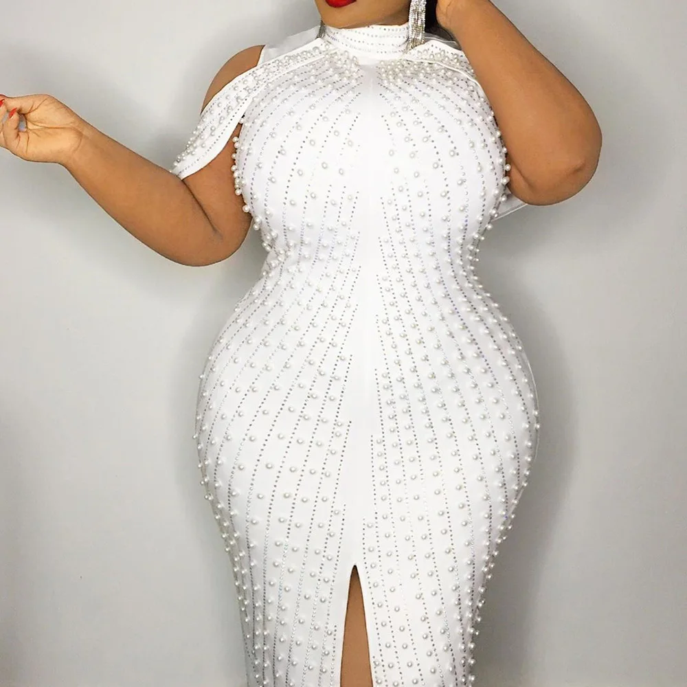 Imagem -02 - Beading Branco sem Mangas Bodycon Vestido 5xl 2023 Sexy Festa Jantar Noite Clube Midi Vestidos Elegante Split Feminino Vestidos de Noite