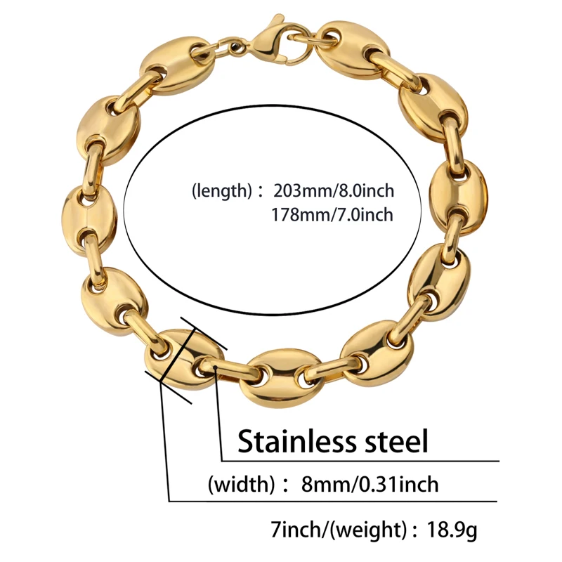 TOPGRILLZ 8mm Solid Back Cuban Link Gold Silver Color Men\'s Hip Hop Bracelets Personality Stainless Steel Jewelry