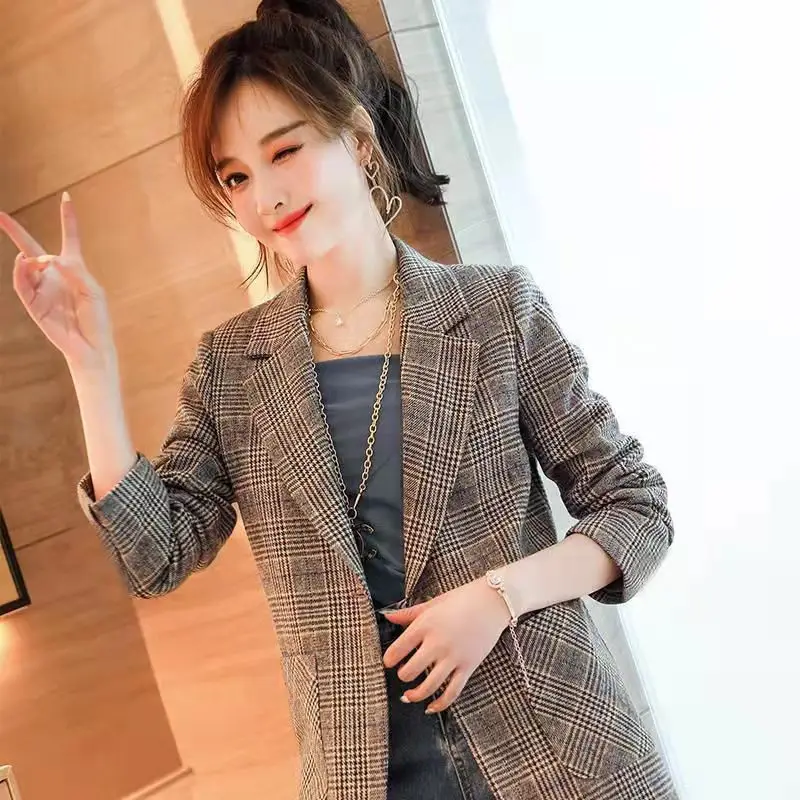 Plaid Suit Jacket forLadiesLong-Sleeved Blazer Slim Jacket with Pocket Casual Blazer Korean Office Wear Plus Size Spring and Aut