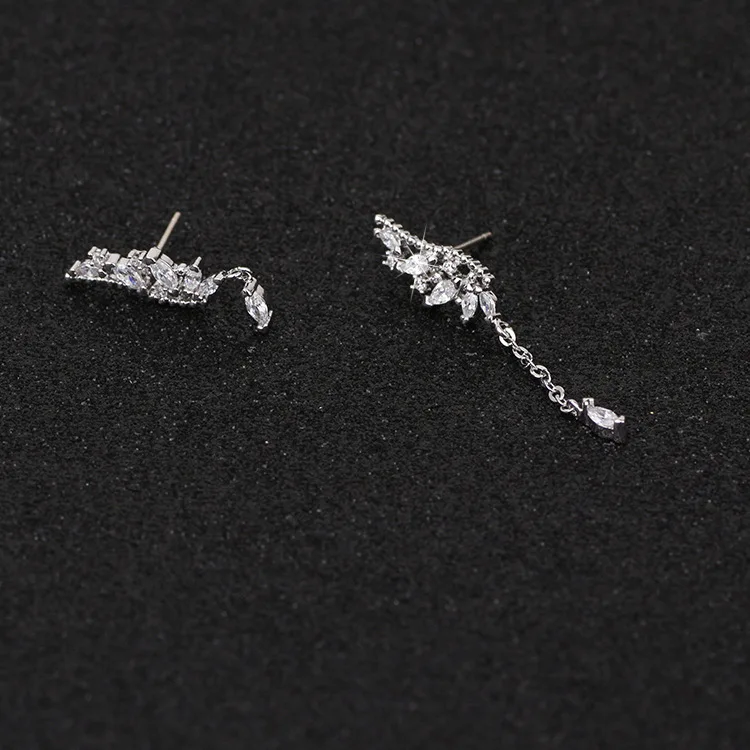 925 Sterling Silver Asymmetric Crystal Wings Drop Earrings For Women Fashion Jewelry Lady Statement Earrings Pendiente