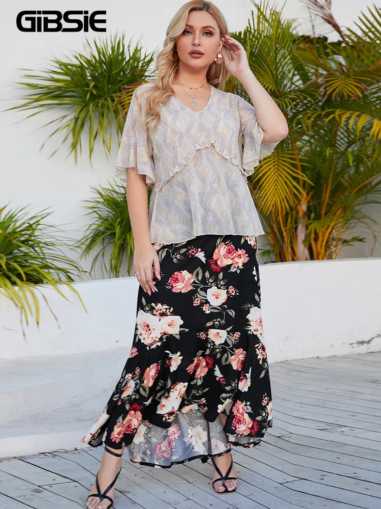 GIBSIE Plus Size Boho Floral Print Ruffle Hem Skirts Women Spring Summer Beach Style Holiday Casual Female High Waist Long Skirt