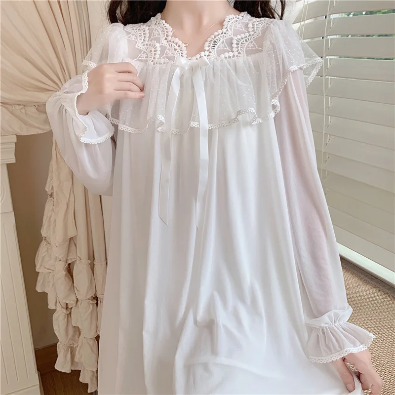 Victorian Vintage White Nightgown Women Nighty Mesh Lace Lolita Night Dress Princess Peignoir Robe Women\'s Sleepwear Lounge Wear