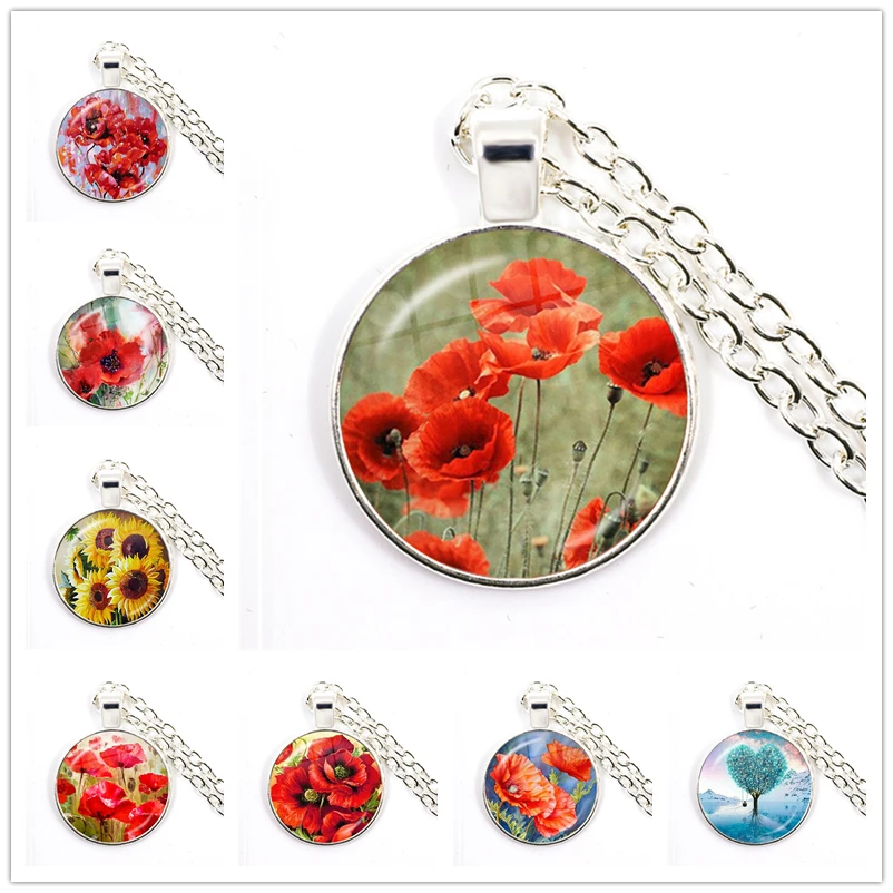 Poppy Flowers Art Pattern Necklace Fashion Silver Color Glass Cabochon Jewelry Simple Style Pendant Charm Women Mens Gift