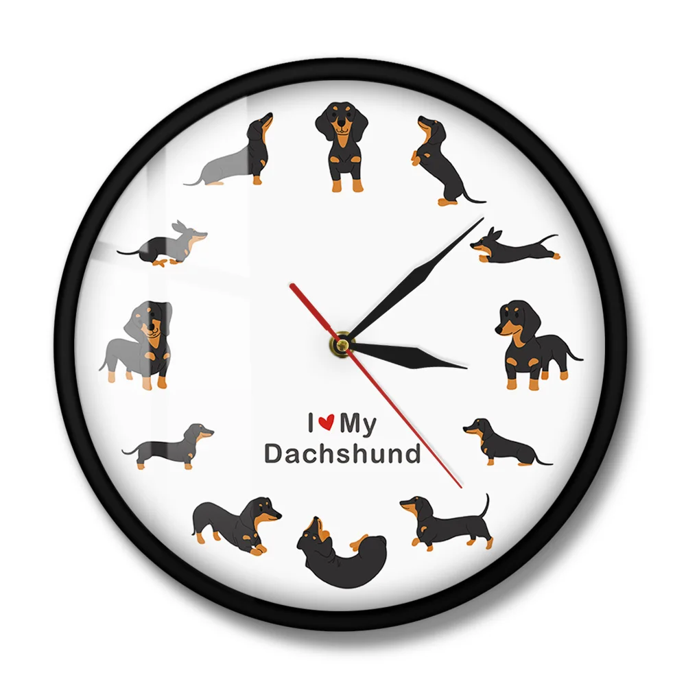 Cute Doxie Cartoon Style Dachshund Wall Clock Dog Breed Timepiece Sausage Dog Modern Wall Watch With Saying I Love Dachshund