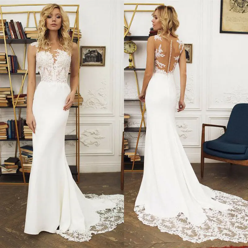 

Elegant Mermaid Trumpet Wedding Dress 2023 Sleeveless White Lace Bridal Dress Sheer Back Robe De Mariée Sweep Train White Ivory