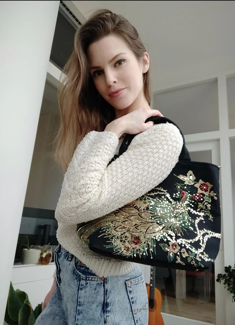 Einkaufstasche mit Pailletten im Ethno-Stil, Handtaschen mit Pfauenstickerei, Vintage-Umhängetasche aus Segeltuch – Detail 15