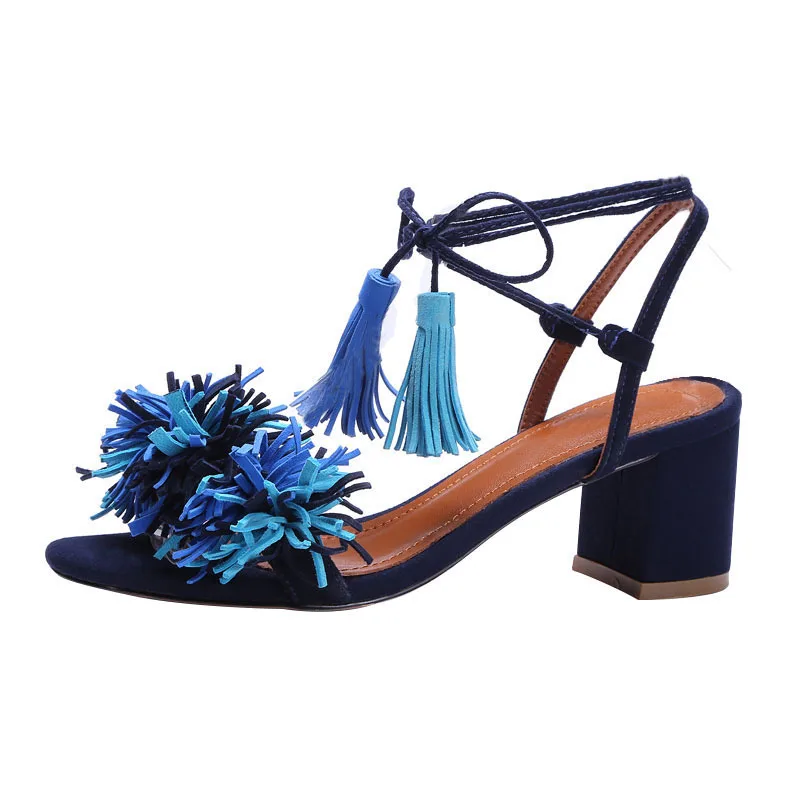 Ladies Chunky Heels Blue Mixed Color Suede Tassel Lace Up Sandals Peep Toe Summer Bandage Fringe Street Outfit Shoes