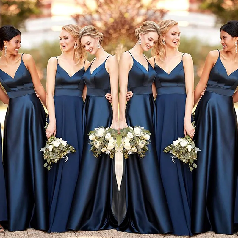 Vestidos de dama de honor largos de satén con tirantes finos, vestido de fiesta de boda, vestido de dama de honor personalizado, azul marino, línea A