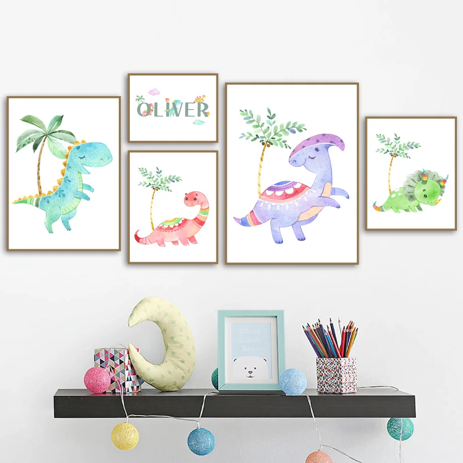 Cartoon Baby Name Custom Watercolor Dinosaur Nursery Wall Art Print Canvas Painting Nordic Poster Wall Pictures Boy Room Decor