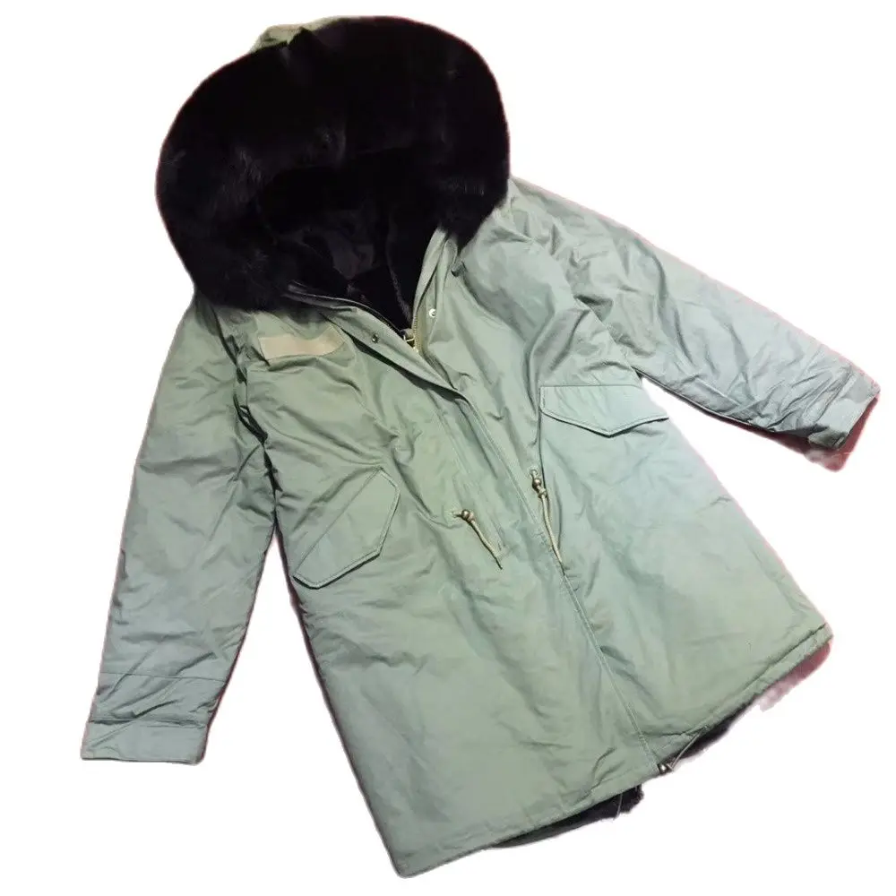 

Mens Fashion Khaki Fur Parka Black Thickness Fur Lined With Fox Fur Collar Casual Wear Long Length Jacket