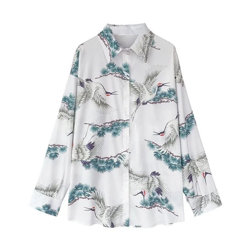 Fashion Woman 2021 Blouses Crane Tunic Print Long Sleeve Turn-Down Collar Ladies Chiffon Shirts Tops Blusas Mujer Plus Size