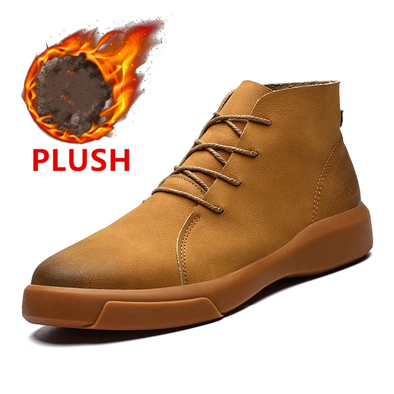 Botas de nieve con cordones para hombre, botines cálidos de felpa, de cuero genuino, para otoño e invierno, 38-47