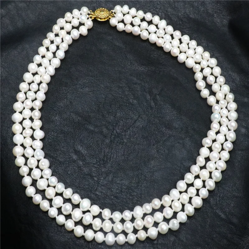 fashion 3 rows 7-8mm white natural cultured freshwater pearls necklace  round beads hot sale women necklace 17-21inch MY4571