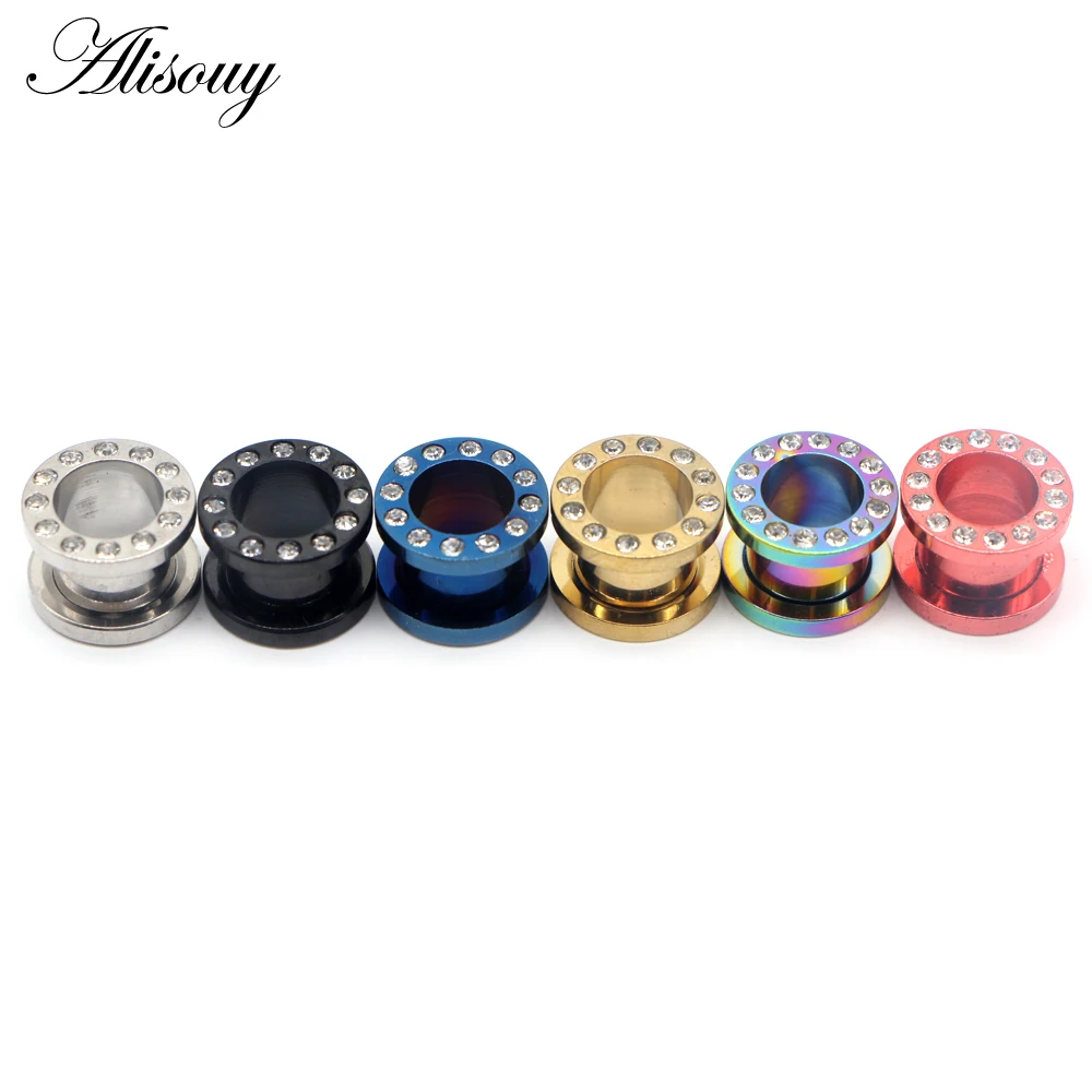 Alisouy 2pcs Steel Paved Crystal CZ Ear Piercing Tunnel Gauge Colorful Screw Fit Ear Flesh Plugs Ear Expander Piercing Jewelry