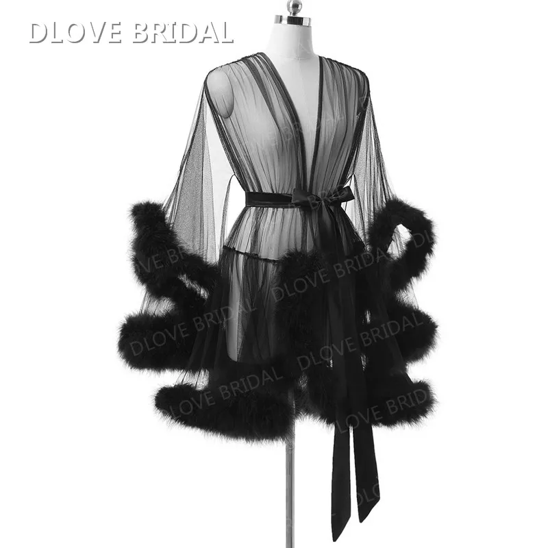 

Short Black Feather Dressing Gown Robe Tulle Illusion Birthday Robe Costume Bridal Boudoir Sheer Robe with Satin Bow Belt Sash