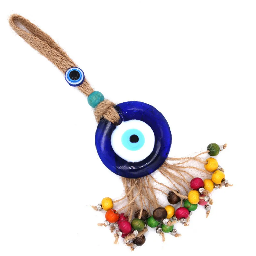 Blue Turkish Eye Hand-Woven Hemp Rope Wooden Beads Personality Pendant Wall Hanging Home Garden Decoration