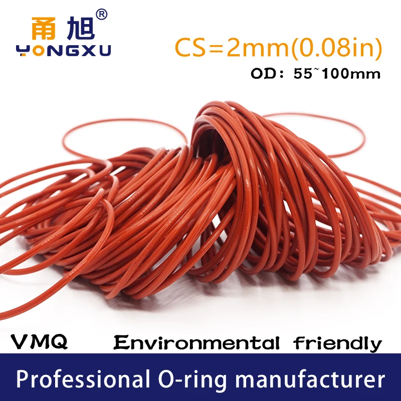 VMQ O Ring Seal Gasket Thickness CS2mm OD55/60/65/70/75/80/85/90/95/100*2mm Silicone Rubber  Waterproof Washer Nontoxi Red