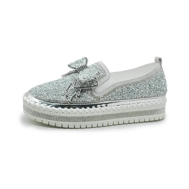 Pink Women Shining Rhinestone Loafers Bowknot Slip-on Thick Botton Casual Ladies Crystal Shoes Female Platform Shoes