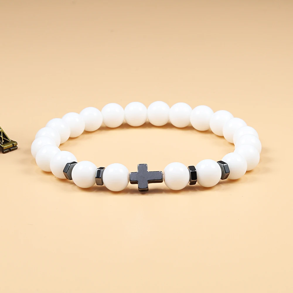 Pulsera de cuentas de piedra de Lava Natural para hombre y mujer, brazalete con cuentas de Cruz de hematita, meditación, oración, Jesús, joyería de Yoga, envío directo