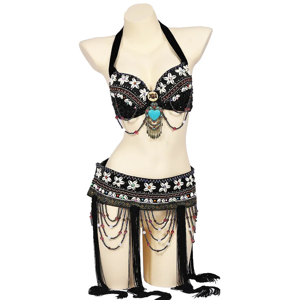 Size S-XL Dance Beaded Outfit 2 pieces Bra and Belt Tribal Belly Dance Costume Set Shells Top Jewelry Accents ATS Fringes Belts