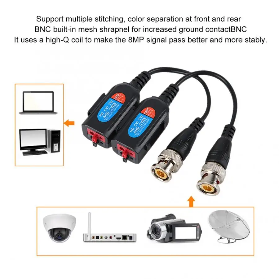 2 Pairs 8MP AHD CCTV Video Balun Twisted Pair Transmitter Connecter Video Baluns For 2MP 5MP 8MP TVI/CVI/AHD Cameras