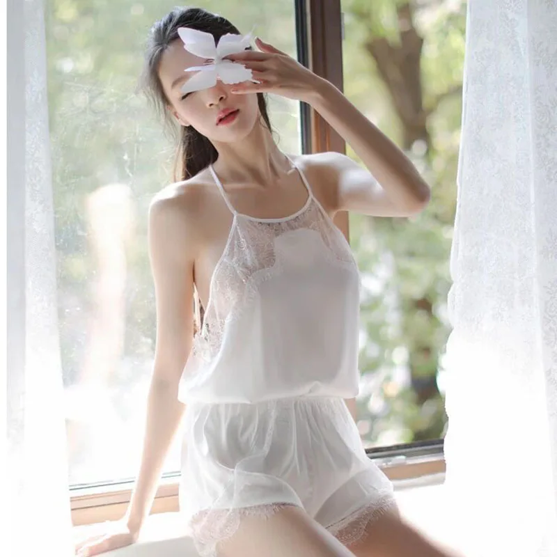 Yhotmeng new sexy perspective chiffon dot cute pajamas women sleepwear sloth sling set adjustable underwear black and white