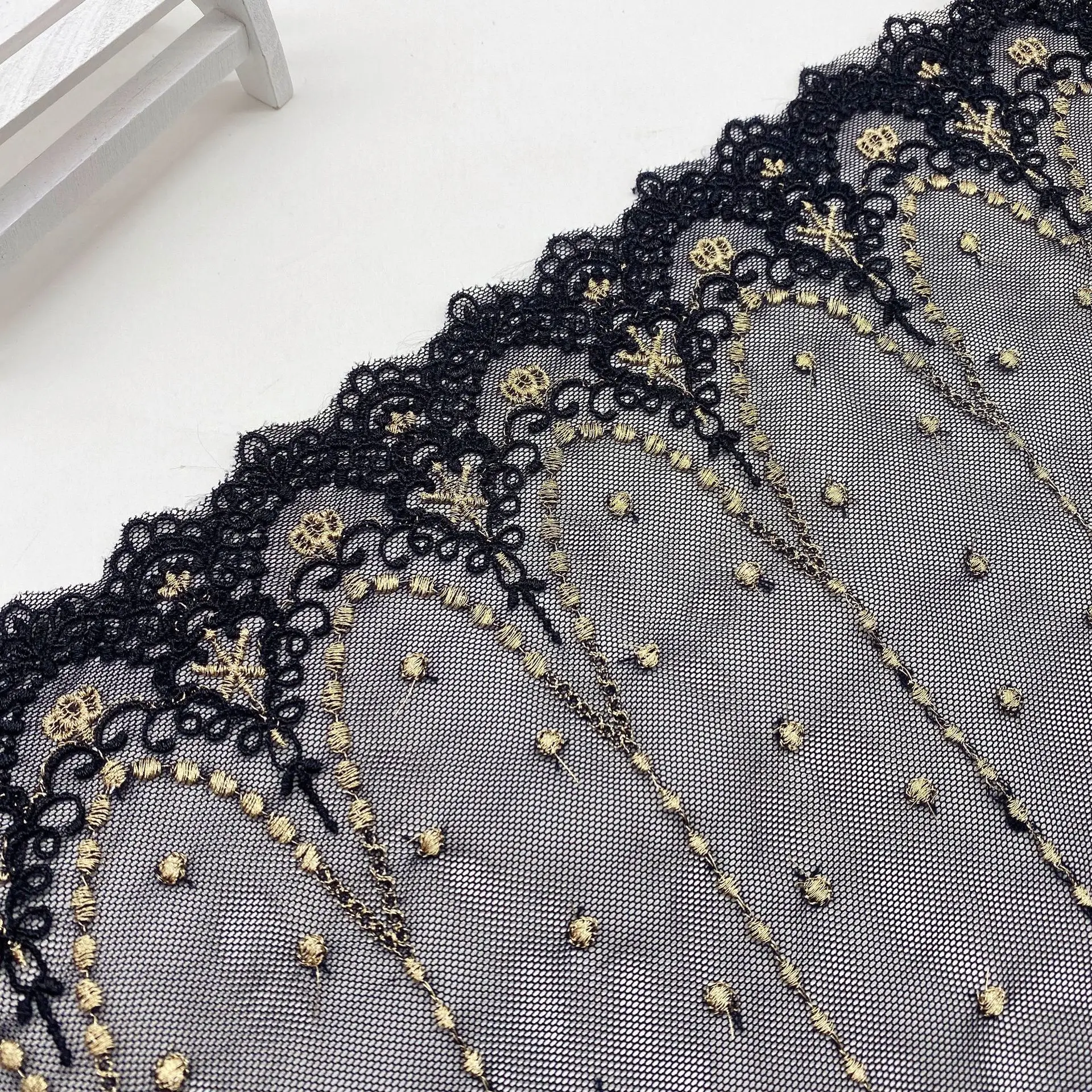 1 Yard Water Soluble Embroidered Flower Mesh Fabric Gold Black Lace DIY Lace Trim Garment Accessories Lace Fabric 25CM Width