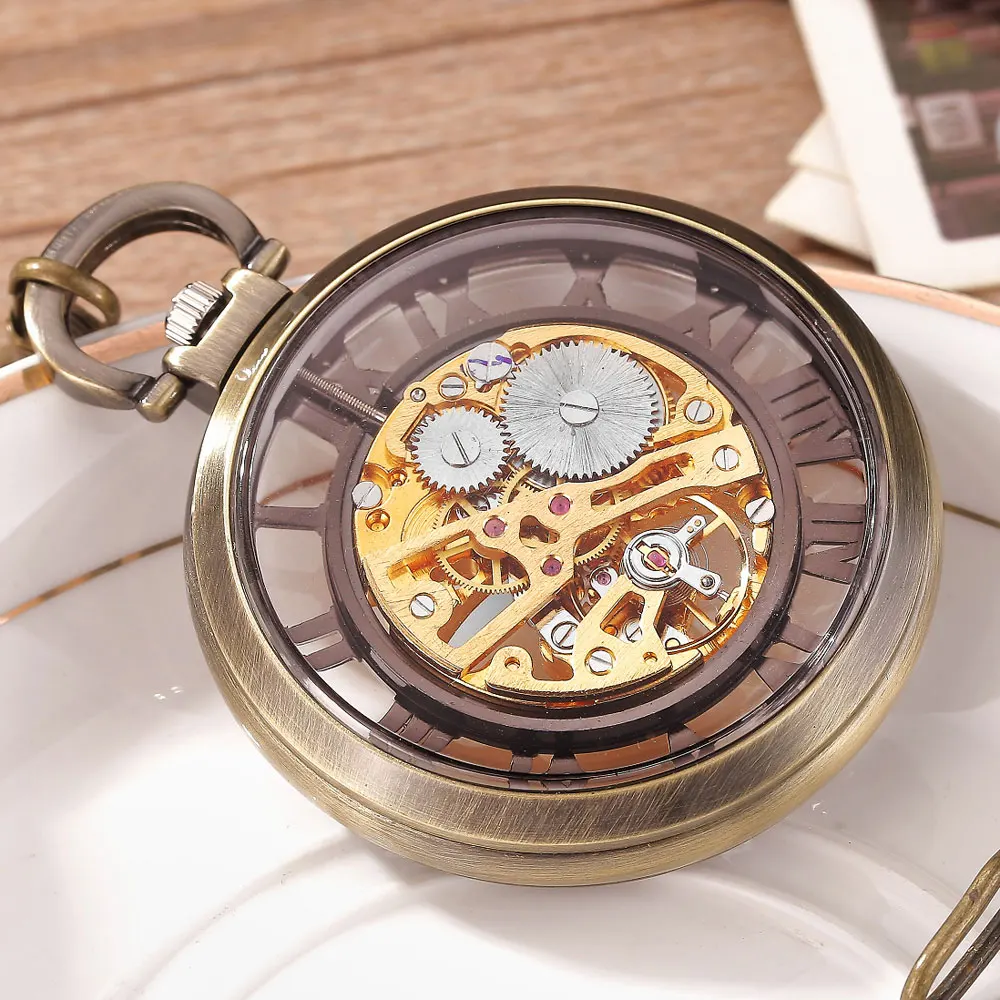 Reloj De bolsillo mecánico Steampunk para hombre, cadena colgante, esqueleto transparente, Metal hueco, Vintage