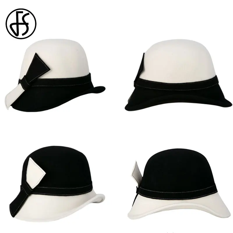 FS Wide Brim White Wool Hats Bow Bowler Fedora Hat For Women Chapeau Femme Feutre Winter Cloche Ladies Church Felt Fedoras Caps
