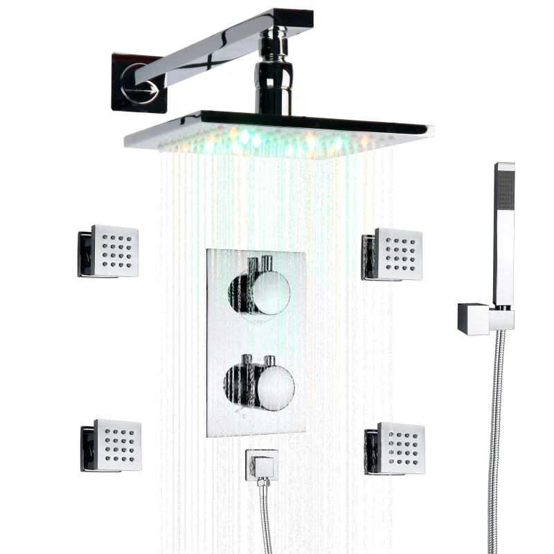 

Chrome Polished Thermostatic Shower Mixer Set 20X20 CM LED Bathroom Massage Rainfall Concealed Shower System