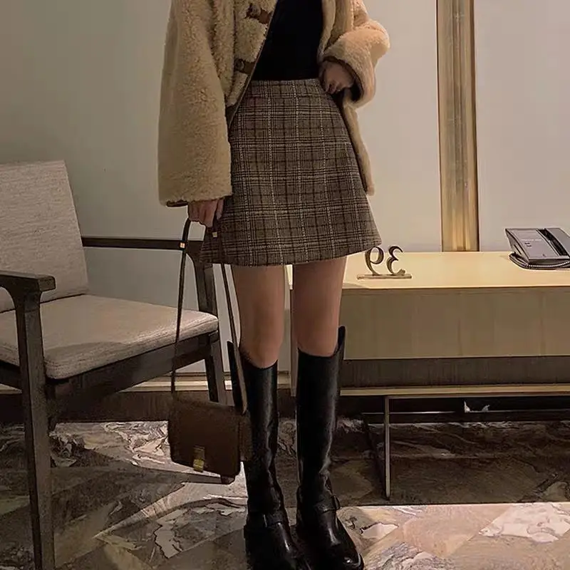 Plaid Woolen Skirt Autumn and Winter Women's Clothing High Waist A- line Skirt Woman Skirts Mujer Faldas Saias Mulher