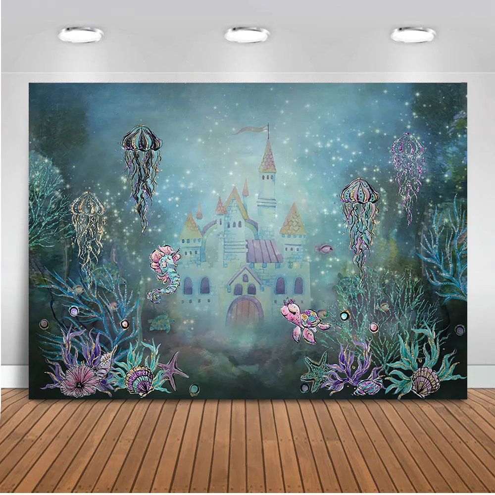 Underwater Castle Background Mermaid Birthday Party Photo Backdrop Blue Princess Coral Jellyfish Newborn Portrait Photoshoot