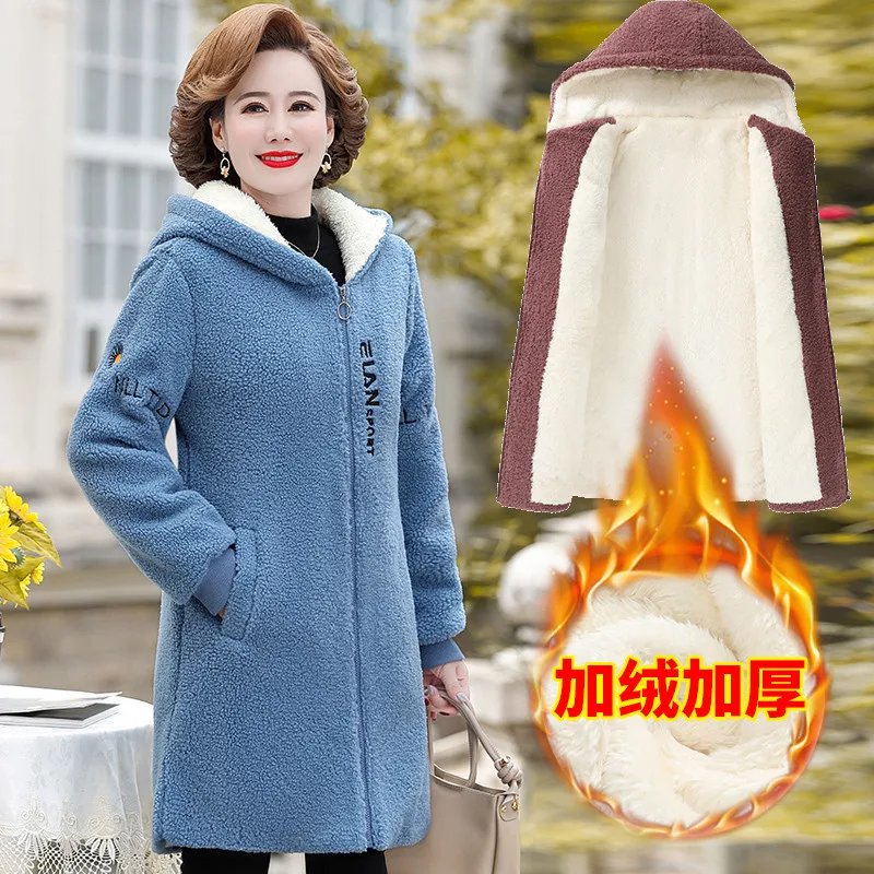 Winter Women Jacket long Lambswool Plus Velvet Cotton Coat Female Overcoat Hooded Warm Lady Outerwear Mother Clothes 5XL