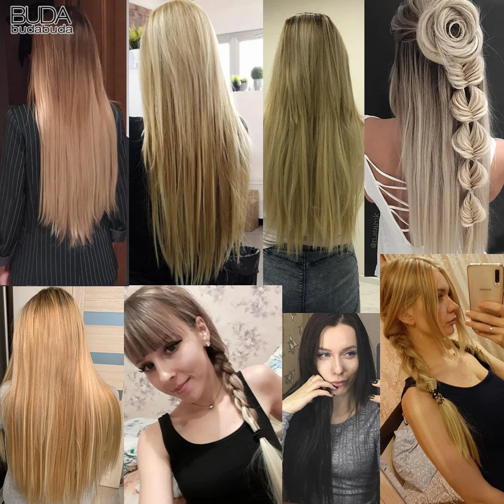 22 pulgadas 16 Clips largo recto sintético Clips de extensiones de cabello en Alta Temperatura de fibra negro marrón Ombre peluca BUDABUDA