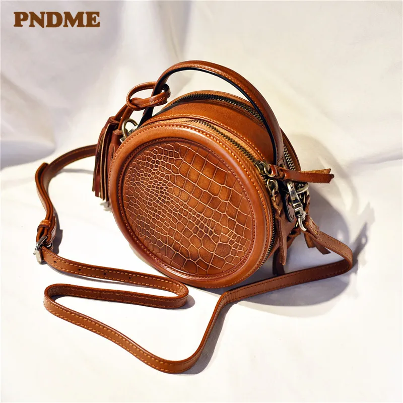 PNDME fashion vintage genuine leather ladies small round box handbag cowhide women\'s crocodile pattern shoulder messenger bags