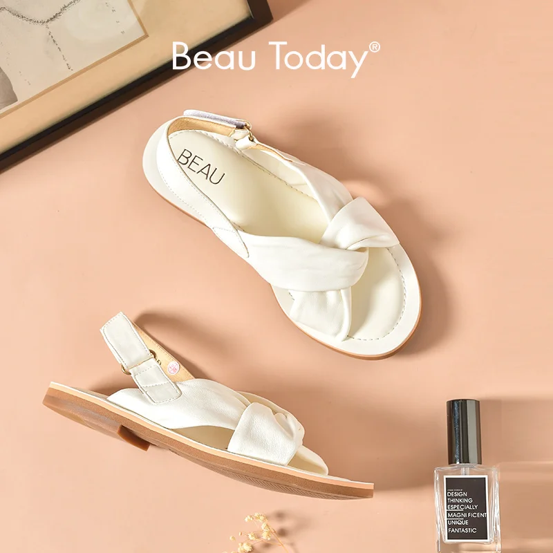 

BeauToday Gladiator Sandals Women Sheepskin Leather Flats Hook Loop Cross Band Summer Beach Ladies Outdoor Shoes Handmade 32142