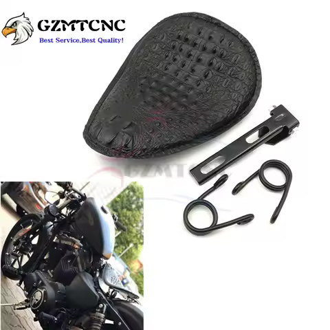 Motorcycle Roll Leather Solo Seat &amp; 2.56" Spring + Saddle Bracket Black For Harley Davidson Sportster 883 XL Chopper Bobber