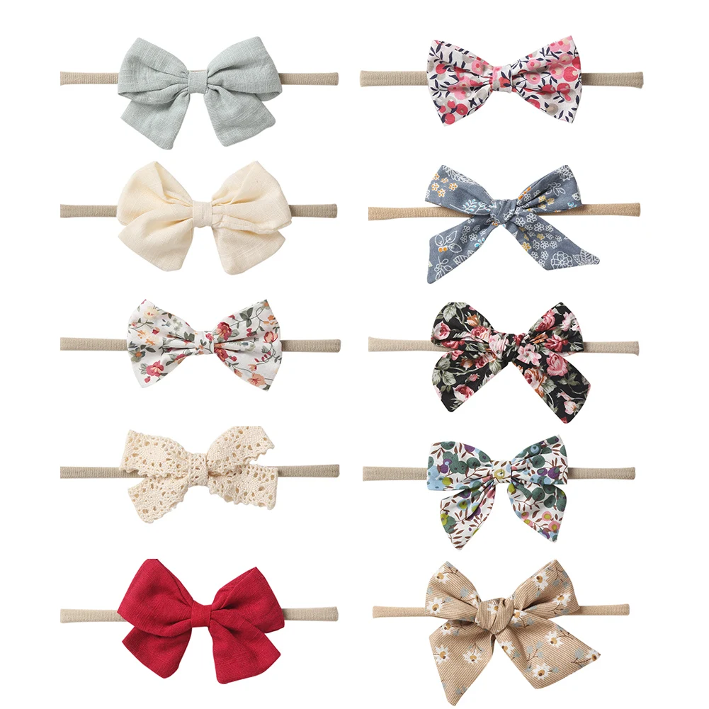 10Pcs/Lot Flower Print Bowknot Nylon Headband Fabric Cloth Elastic Hair Bow Bands Baby Boys Girls Headwear Fashion Accessories