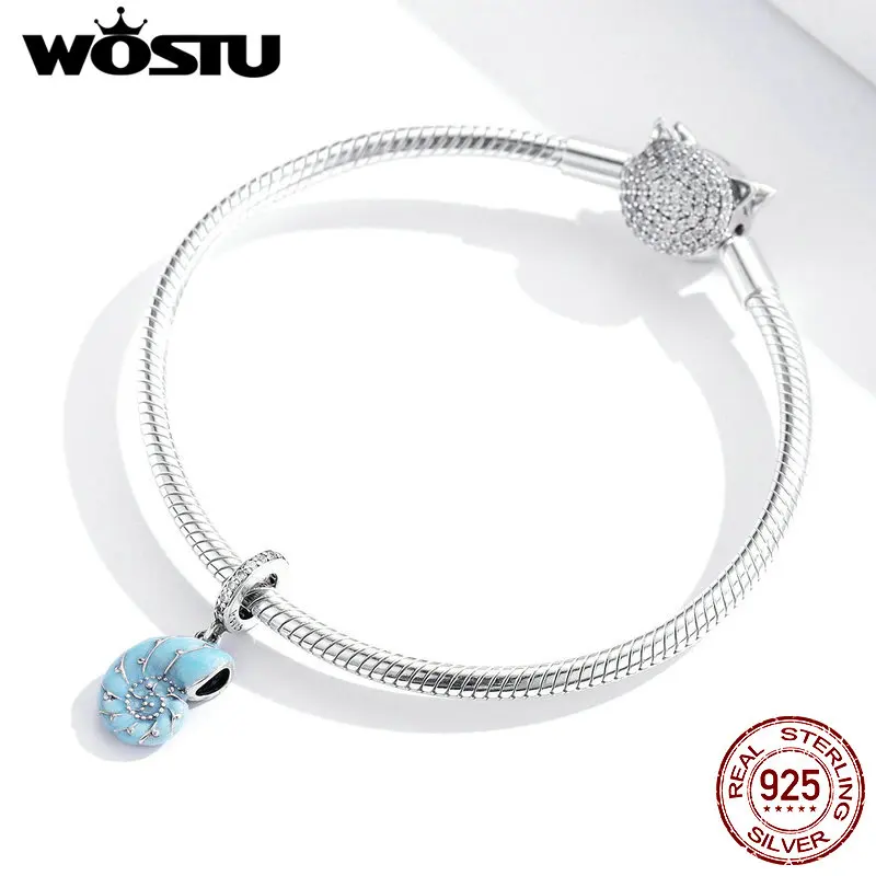 WOSTU Summer New 100% 925 Sterling Silver Blue Conch Pendant Charm fit DIY Beads Bracelet Necklace Jewelry Making Gift CQC1560