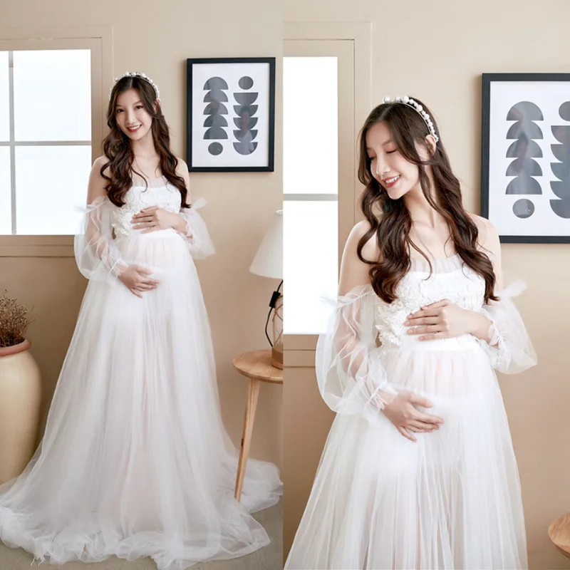 Maternity Lace Shoulderless Dresses Photo Shoot Pregnancy Dress Photography Baby Shower Maxi Gown Wedding Pregnant Women Clothes