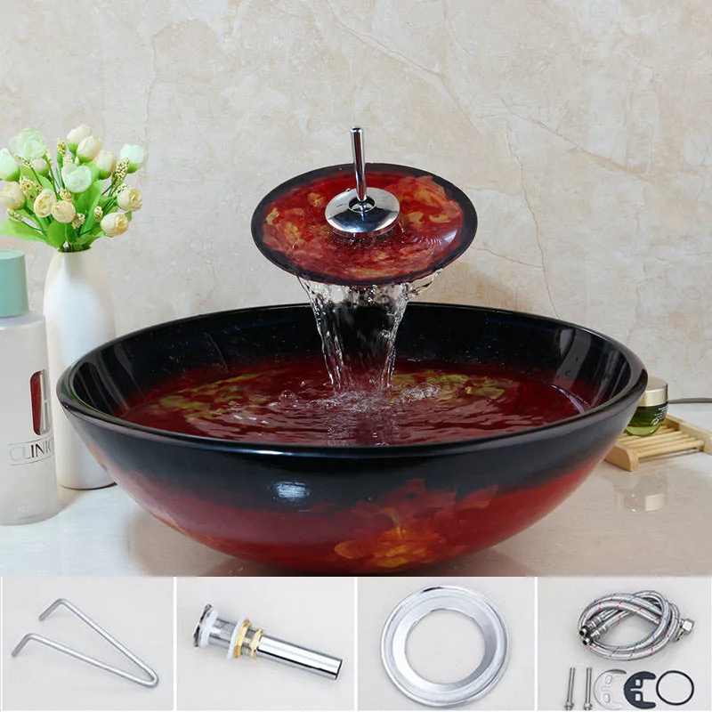 JIENI Red Marble Vein Double Layer Tempered Glass Vessel Sink Bathroom Waterfall Faucet Basin Sink Set Necessary Accessories