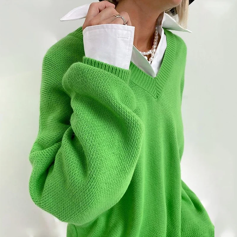 Green Knitted Sweater Women Solid V-neck Oversize Long Sweaters Pullover Casual Loose Drop Shoulder Knitwear Jumpers