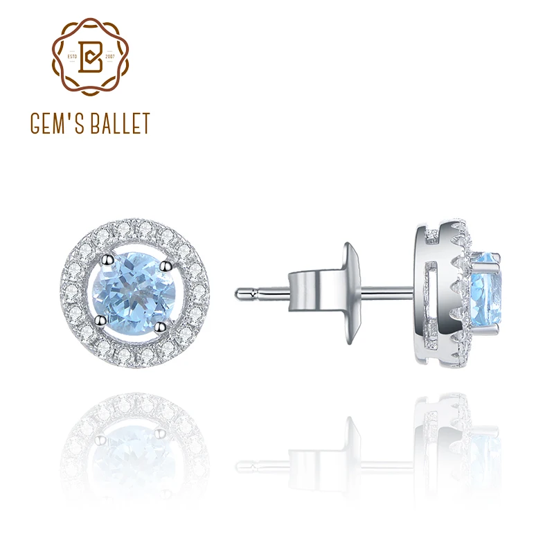 GEM'S BALLET Natural Sky Blue Topaz Birthstone Halo Earrings For Women 925 Sterling Silver Classic Stud Earrings Fine Jewelry