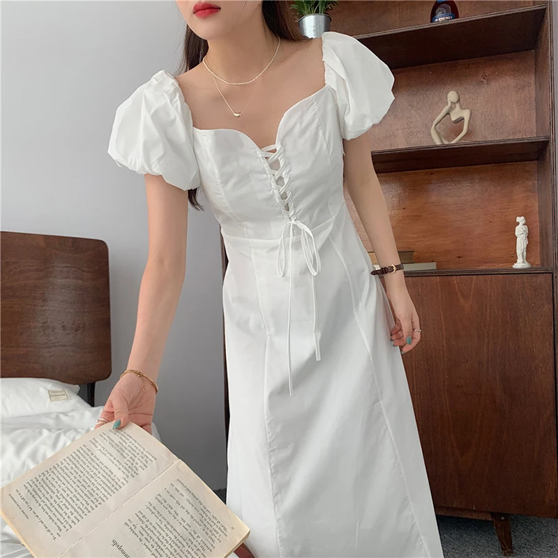 

QOERLIN Retro Lace-Up V-Neck Puff Sleeve A-Line Dress Loose Mid-length Dress Women Summer High Waist Solid White Dresses Ladies