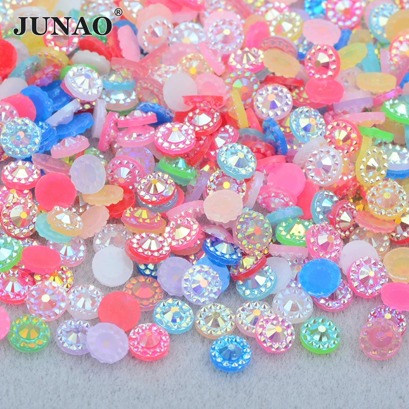 JUNAO 4 5 6 mm Random Mix Color Resin Flower Rhinestones Flat Back Round Crystal Stones Non Hotfix Strass Nail Art Decoration