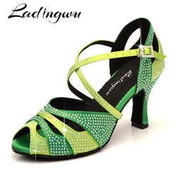 Ladingwu Rhinestone Dance Shoes Latin Salsa Dance Girls Shoes Dark Green Light Green Gradient Dance Shoes Women Pink Small mouth