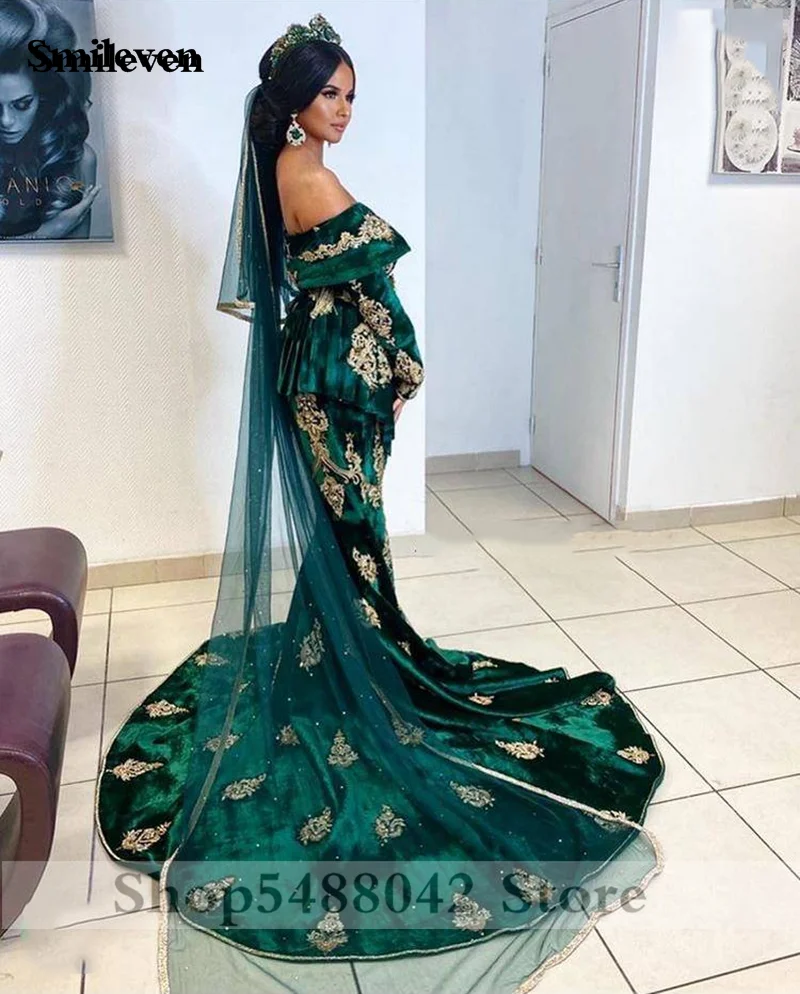 Smileven Caftan Evening Dresses Hunter Green Mermaid Prom Dress Off The Shoulder Velvet Long Sleeve Evening  Formal Party Dress