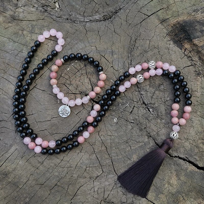 8mm Rhodrochrosite,Rose Quartz Japa Mala Set,Warmth,Meditation Mala,Namaste Yoga Jewelry,Buddhist Mala Prayer Bead,108 Mala Bead