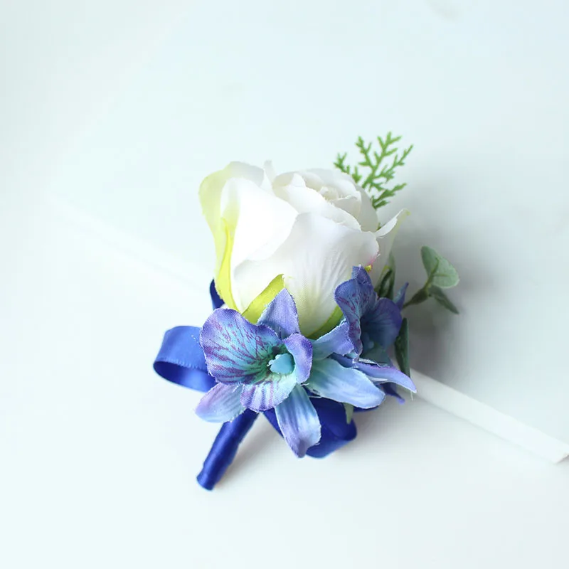 Broche de teste de casamento, broche branco bufante de alfinete, flor azul, noivo, decoração de casamento, planejador